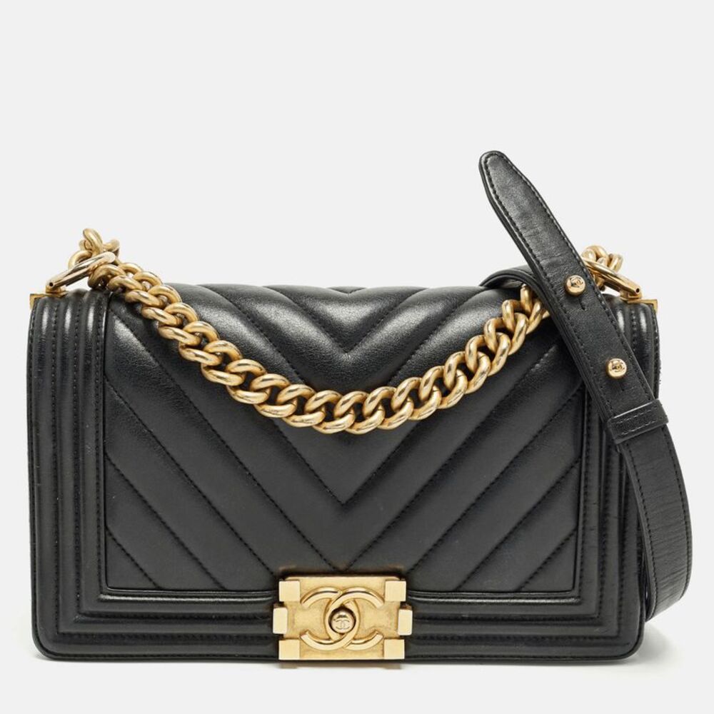 Chanel Boy Medium Black Chevron Leather Flap Bag